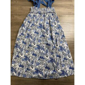 Buru Tie Top Midi Dress Womens S/M Blue Floral Daisy Cotton Sundress Pockets